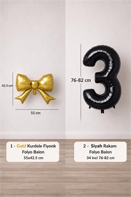 Gold Fiyonk & Siyah 3 Rakam Folyo Balon Seti