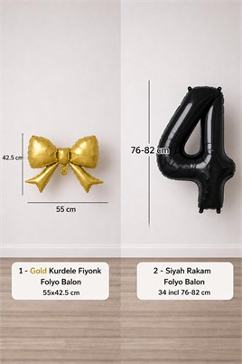 Gold Fiyonk & Siyah 4 Rakam Folyo Balon Seti