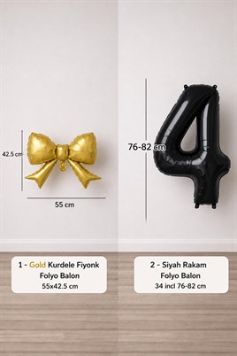 Gold Fiyonk & Siyah 4 Rakam Folyo Balon Seti