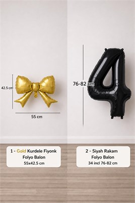 Gold Fiyonk & Siyah 4 Rakam Folyo Balon Seti