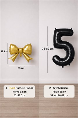 Gold Fiyonk & Siyah 5 Rakam Folyo Balon Seti