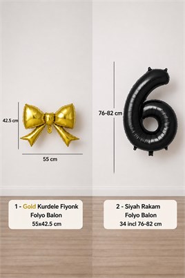 Gold Fiyonk & Siyah 6 Rakam Folyo Balon Seti