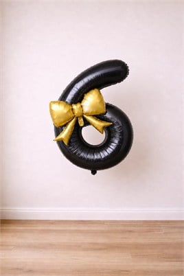 Gold Fiyonk & Siyah 6 Rakam Folyo Balon Seti