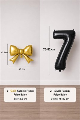 Gold Fiyonk & Siyah 7 Rakam Folyo Balon Seti