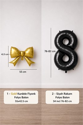 Gold Fiyonk & Siyah 8 Rakam Folyo Balon Seti