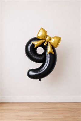 Gold Fiyonk & Siyah 9 Rakam Folyo Balon Seti