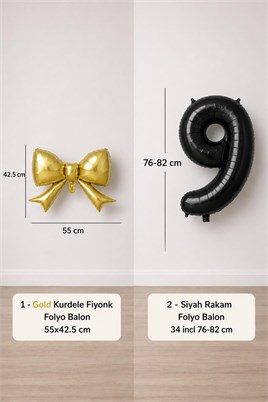 Gold Fiyonk & Siyah 9 Rakam Folyo Balon Seti