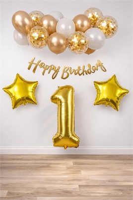 Gold Konsept 1 Yaş Doğum Günü Kutlama Seti; Beyaz Gold Konfetili Balon, Rakam Yıldız Folyo ve Banner