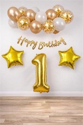 Gold Konsept 1 Yaş Doğum Günü Kutlama Seti; Beyaz Gold Konfetili Balon, Rakam Yıldız Folyo ve Banner