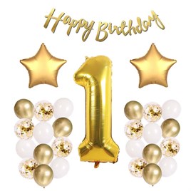 Gold Konsept 1 Yaş Doğum Günü Kutlama Seti; Beyaz Gold Konfetili Balon, Rakam Yıldız Folyo ve Banner