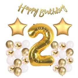 Gold Konsept 2 Yaş Doğum Günü Kutlama Seti; Beyaz Gold Konfetili Balon, Rakam Yıldız Folyo ve Banner