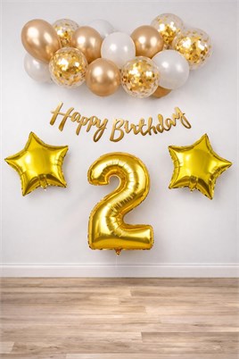 Gold Konsept 2 Yaş Doğum Günü Kutlama Seti; Beyaz Gold Konfetili Balon, Rakam Yıldız Folyo ve Banner