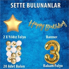 Gold Konsept 3 Yaş Doğum Günü Kutlama Seti; Beyaz Gold Konfetili Balon, Rakam Yıldız Folyo ve Banner