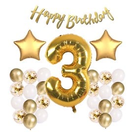 Gold Konsept 3 Yaş Doğum Günü Kutlama Seti; Beyaz Gold Konfetili Balon, Rakam Yıldız Folyo ve Banner