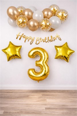 Gold Konsept 3 Yaş Doğum Günü Kutlama Seti; Beyaz Gold Konfetili Balon, Rakam Yıldız Folyo ve Banner