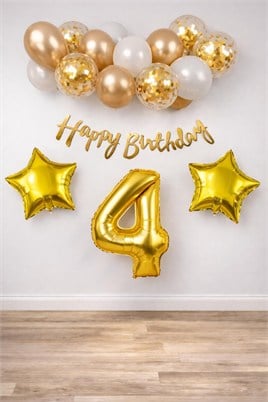 Gold Konsept 4 Yaş Doğum Günü Kutlama Seti; Beyaz Gold Konfetili Balon, Rakam Yıldız Folyo ve Banner