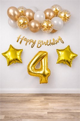 Gold Konsept 4 Yaş Doğum Günü Kutlama Seti; Beyaz Gold Konfetili Balon, Rakam Yıldız Folyo ve Banner