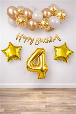 Gold Konsept 4 Yaş Doğum Günü Kutlama Seti; Beyaz Gold Konfetili Balon, Rakam Yıldız Folyo ve Banner