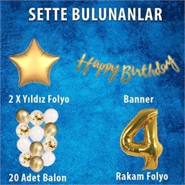 Gold Konsept 4 Yaş Doğum Günü Kutlama Seti; Beyaz Gold Konfetili Balon, Rakam Yıldız Folyo ve Banner