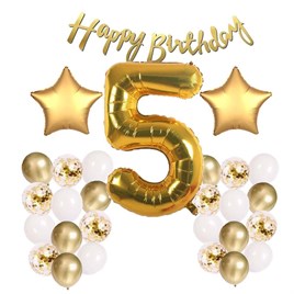 Gold Konsept 5 Yaş Doğum Günü Kutlama Seti; Beyaz Gold Konfetili Balon, Rakam Yıldız Folyo ve Banner
