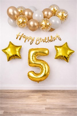 Gold Konsept 5 Yaş Doğum Günü Kutlama Seti; Beyaz Gold Konfetili Balon, Rakam Yıldız Folyo ve Banner