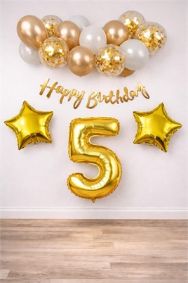 Gold Konsept 5 Yaş Doğum Günü Kutlama Seti; Beyaz Gold Konfetili Balon, Rakam Yıldız Folyo ve Banner
