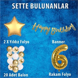Gold Konsept 6 Yaş Doğum Günü Kutlama Seti; Beyaz Gold Konfetili Balon, Rakam Yıldız Folyo ve Banner
