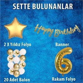 Gold Konsept 6 Yaş Doğum Günü Kutlama Seti; Beyaz Gold Konfetili Balon, Rakam Yıldız Folyo ve Banner