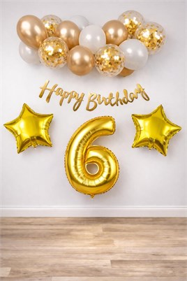 Gold Konsept 6 Yaş Doğum Günü Kutlama Seti; Beyaz Gold Konfetili Balon, Rakam Yıldız Folyo ve Banner