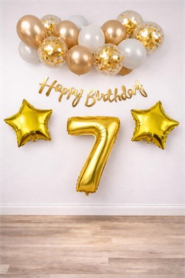 Gold Konsept 7 Yaş Doğum Günü Kutlama Seti; Beyaz Gold Konfetili Balon, Rakam Yıldız Folyo ve Banner