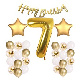 Gold Konsept 7 Yaş Doğum Günü Kutlama Seti; Beyaz Gold Konfetili Balon, Rakam Yıldız Folyo ve Banner