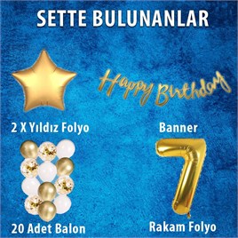 Gold Konsept 7 Yaş Doğum Günü Kutlama Seti; Beyaz Gold Konfetili Balon, Rakam Yıldız Folyo ve Banner