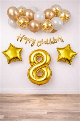 Gold Konsept 8 Yaş Doğum Günü Kutlama Seti; Beyaz Gold Konfetili Balon, Rakam Yıldız Folyo ve Banner