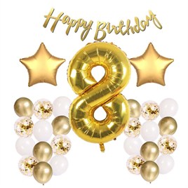 Gold Konsept 8 Yaş Doğum Günü Kutlama Seti; Beyaz Gold Konfetili Balon, Rakam Yıldız Folyo ve Banner