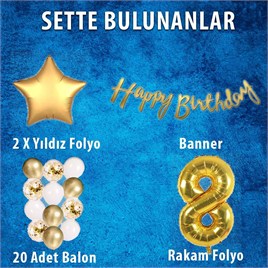 Gold Konsept 8 Yaş Doğum Günü Kutlama Seti; Beyaz Gold Konfetili Balon, Rakam Yıldız Folyo ve Banner