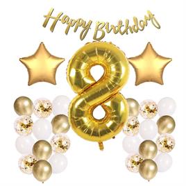 Gold Konsept 8 Yaş Doğum Günü Kutlama Seti; Beyaz Gold Konfetili Balon, Rakam Yıldız Folyo ve Banner