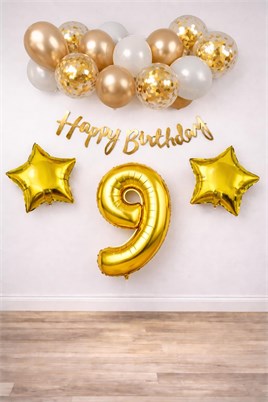 Gold Konsept 9 Yaş Doğum Günü Kutlama Seti; Beyaz Gold Konfetili Balon, Rakam Yıldız Folyo ve Banner