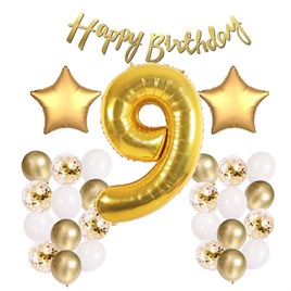 Gold Konsept 9 Yaş Doğum Günü Kutlama Seti; Beyaz Gold Konfetili Balon, Rakam Yıldız Folyo ve Banner