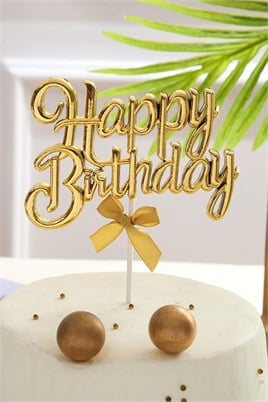 Gold Renk Happy Birthday Yazılı Pasta Süsü