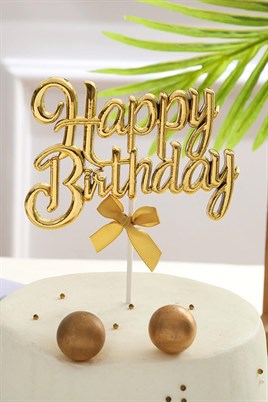 Gold Renk Happy Birthday Yazılı Pasta Süsü