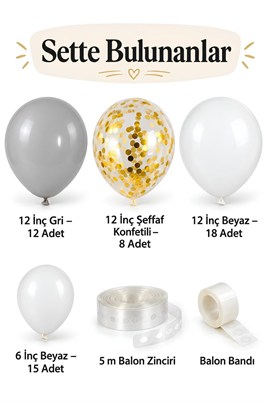 Gri Beyaz Konfetili Balon Zinciri Seti Konsept 8