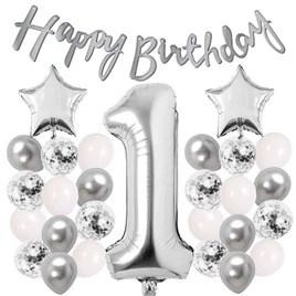 Gümüş Konsept 1 Yaş Doğum Günü Kutlama Seti Beyaz Gümüş Konfetili Balon Rakam Yıldız Folyo ve Banner