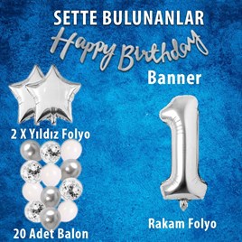 Gümüş Konsept 1 Yaş Doğum Günü Kutlama Seti Beyaz Gümüş Konfetili Balon Rakam Yıldız Folyo ve Banner