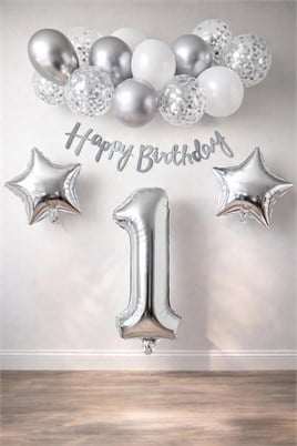 Gümüş Konsept 1 Yaş Doğum Günü Kutlama Seti Beyaz Gümüş Konfetili Balon Rakam Yıldız Folyo ve Banner