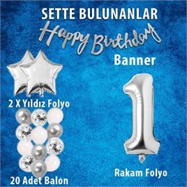Gümüş Konsept 1 Yaş Doğum Günü Kutlama Seti Beyaz Gümüş Konfetili Balon Rakam Yıldız Folyo ve Banner