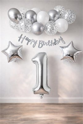 Gümüş Konsept 1 Yaş Doğum Günü Kutlama Seti Beyaz Gümüş Konfetili Balon Rakam Yıldız Folyo ve Banner