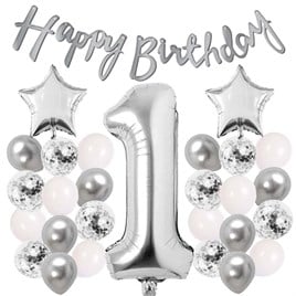 Gümüş Konsept 1 Yaş Doğum Günü Kutlama Seti Beyaz Gümüş Konfetili Balon Rakam Yıldız Folyo ve Banner