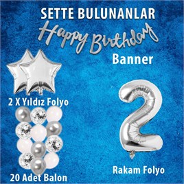 Gümüş Konsept 2 Yaş Doğum Günü Kutlama Seti Beyaz Gümüş Konfetili Balon Rakam Yıldız Folyo ve Banner