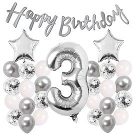 Gümüş Konsept 3 Yaş Doğum Günü Kutlama Seti Beyaz Gümüş Konfetili Balon Rakam Yıldız Folyo ve Banner