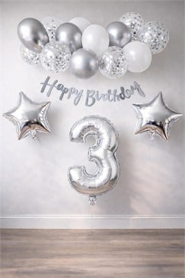 Gümüş Konsept 3 Yaş Doğum Günü Kutlama Seti Beyaz Gümüş Konfetili Balon Rakam Yıldız Folyo ve Banner